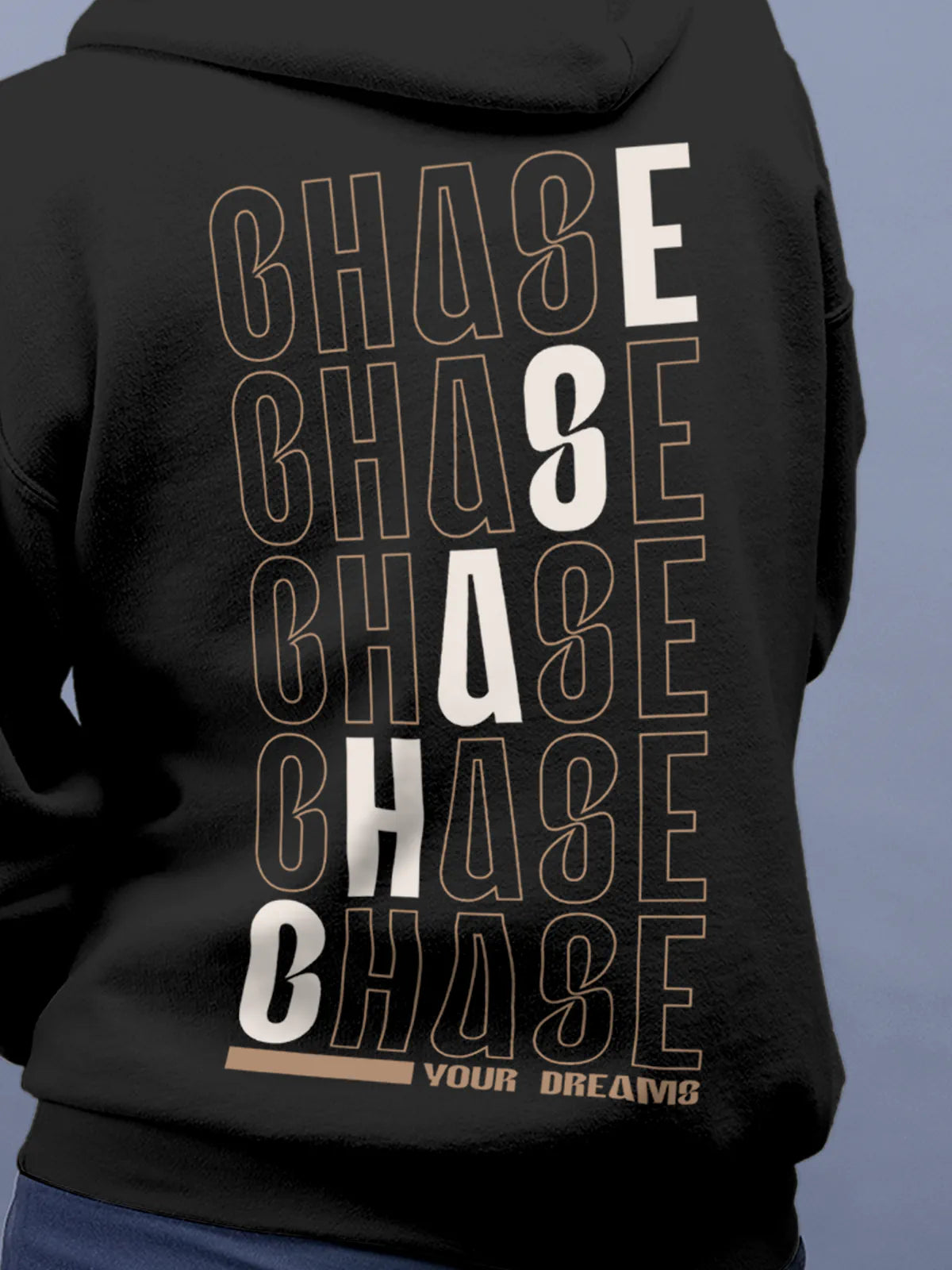 Close up of 'Chase Your Dreams' design on Women's Dark Grey Hoodie Sweatshirt, highlighting intricate details and vibrant print.