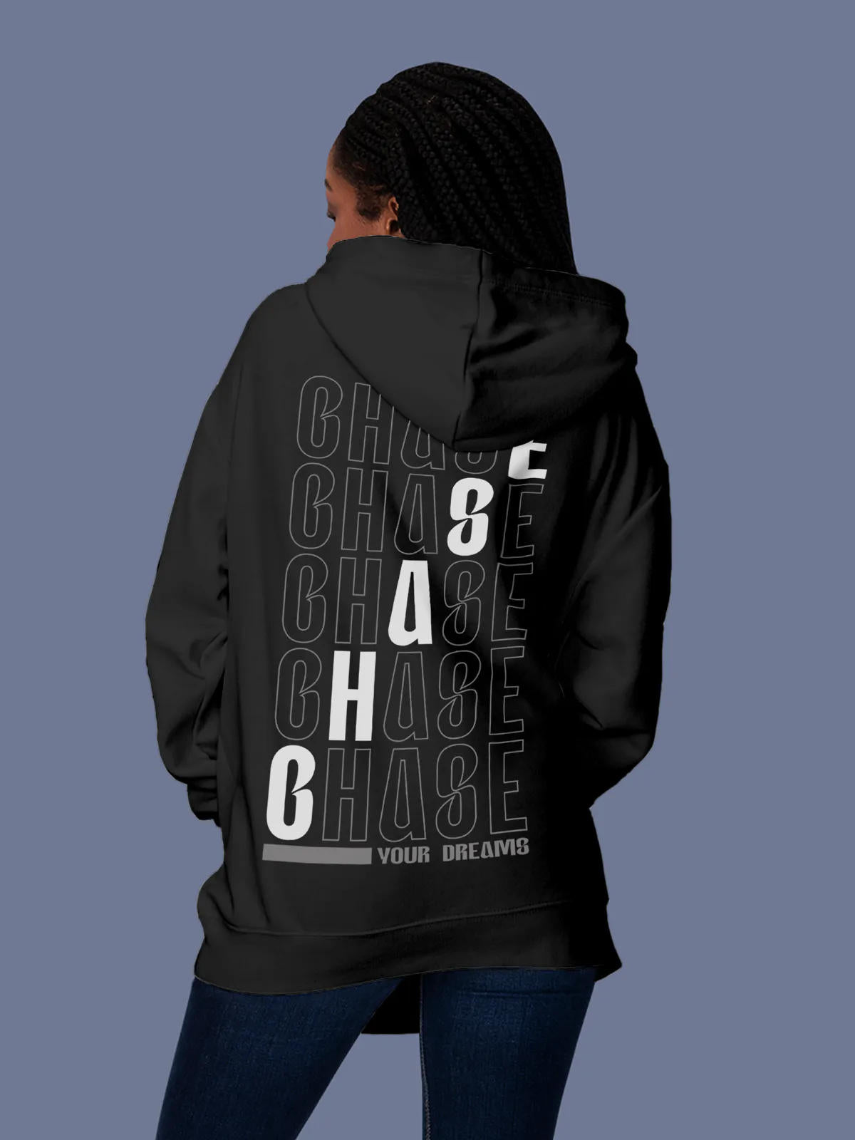 Model wearing Women's Dark Grey Hoodie Sweatshirt with 'Chase Your Dreams' design, offering effortless style and premium comfort