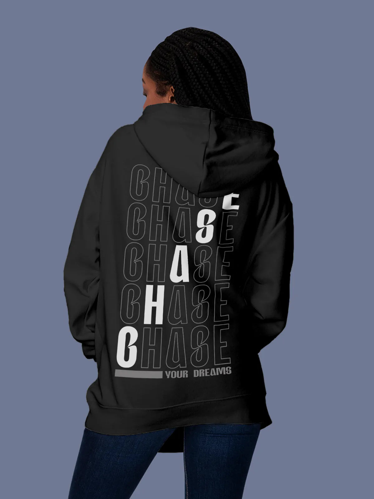 Model wearing Women's Dark Grey Hoodie Sweatshirt with 'Chase Your Dreams' design, offering effortless style and premium comfort