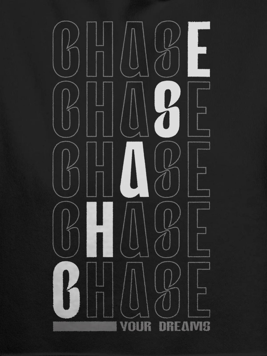 Close up of 'Chase Your Dreams' design on Women's Dark Grey Hoodie Sweatshirt, highlighting intricate details and vibrant print.
