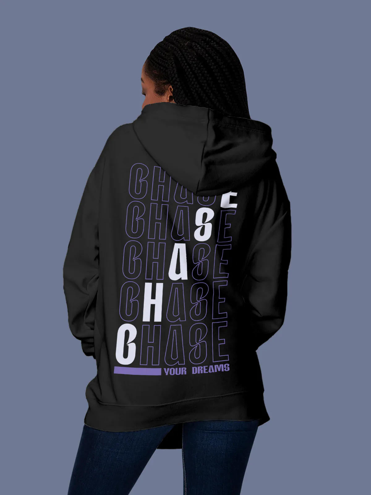Model wearing Women's Dark Grey Hoodie Sweatshirt with 'Chase Your Dreams' design, offering effortless style and premium comfort