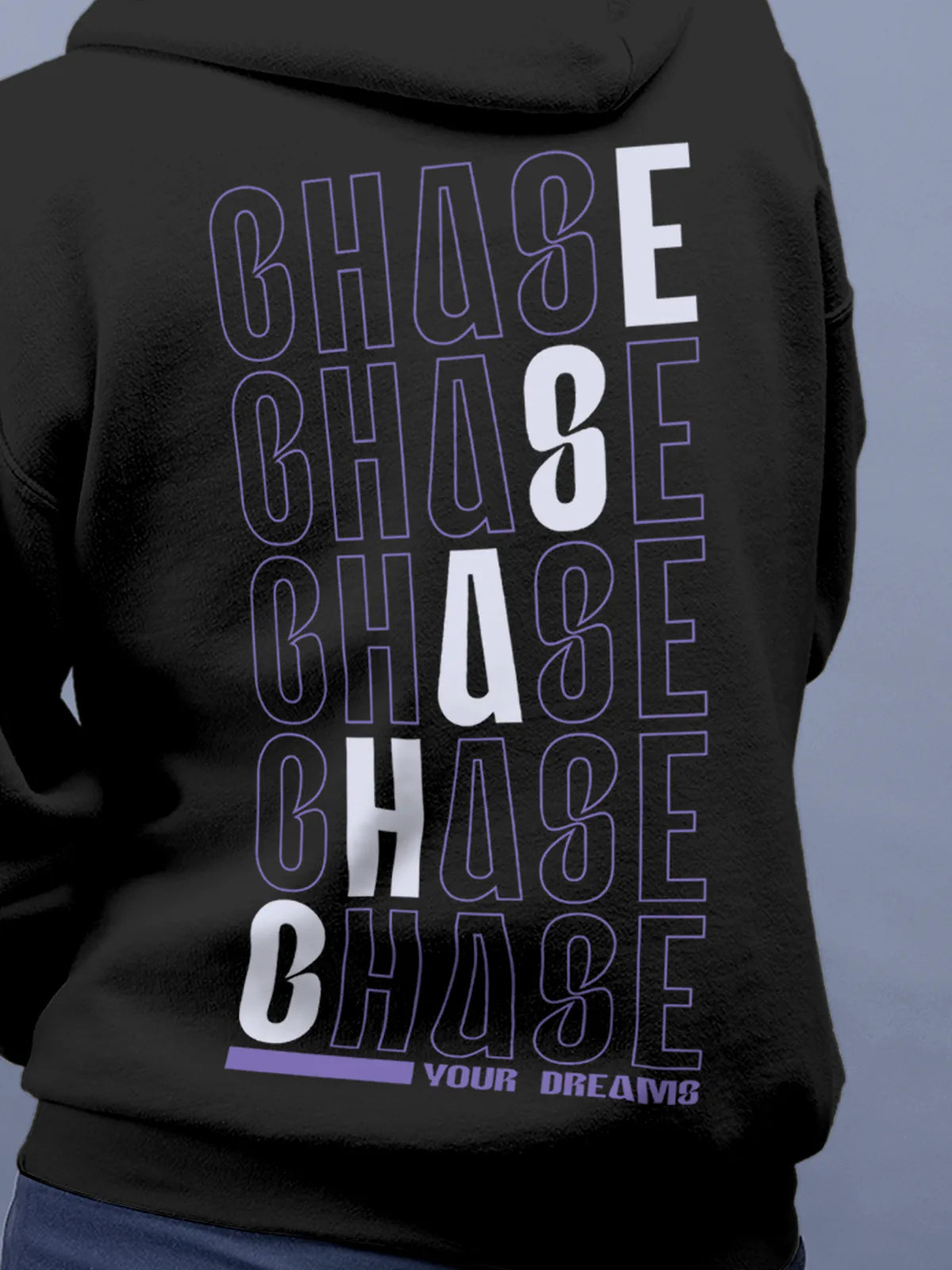 Close up of 'Chase Your Dreams' design on Women's Dark Grey Hoodie Sweatshirt, highlighting intricate details and vibrant print.