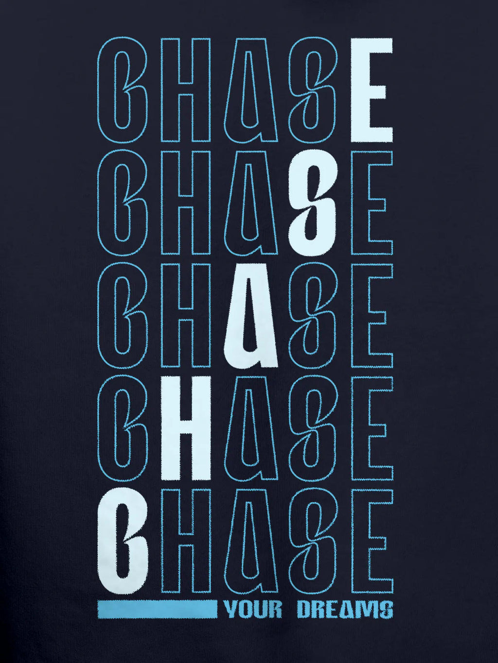 Close up of 'Chase Your Dreams' design on Men's Navy Blue Hoodie Sweatshirt, highlighting intricate details and vibrant print.