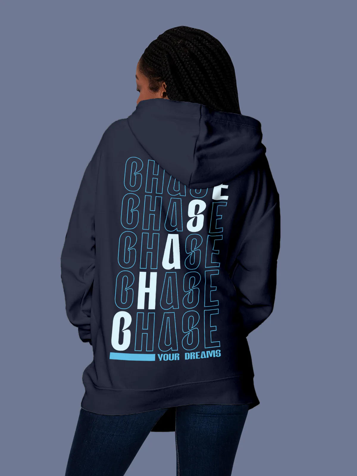 Model wearing Women's Navy Blue Hoodie Sweatshirt with 'Chase Your Dreams' design, offering effortless style and premium comfort