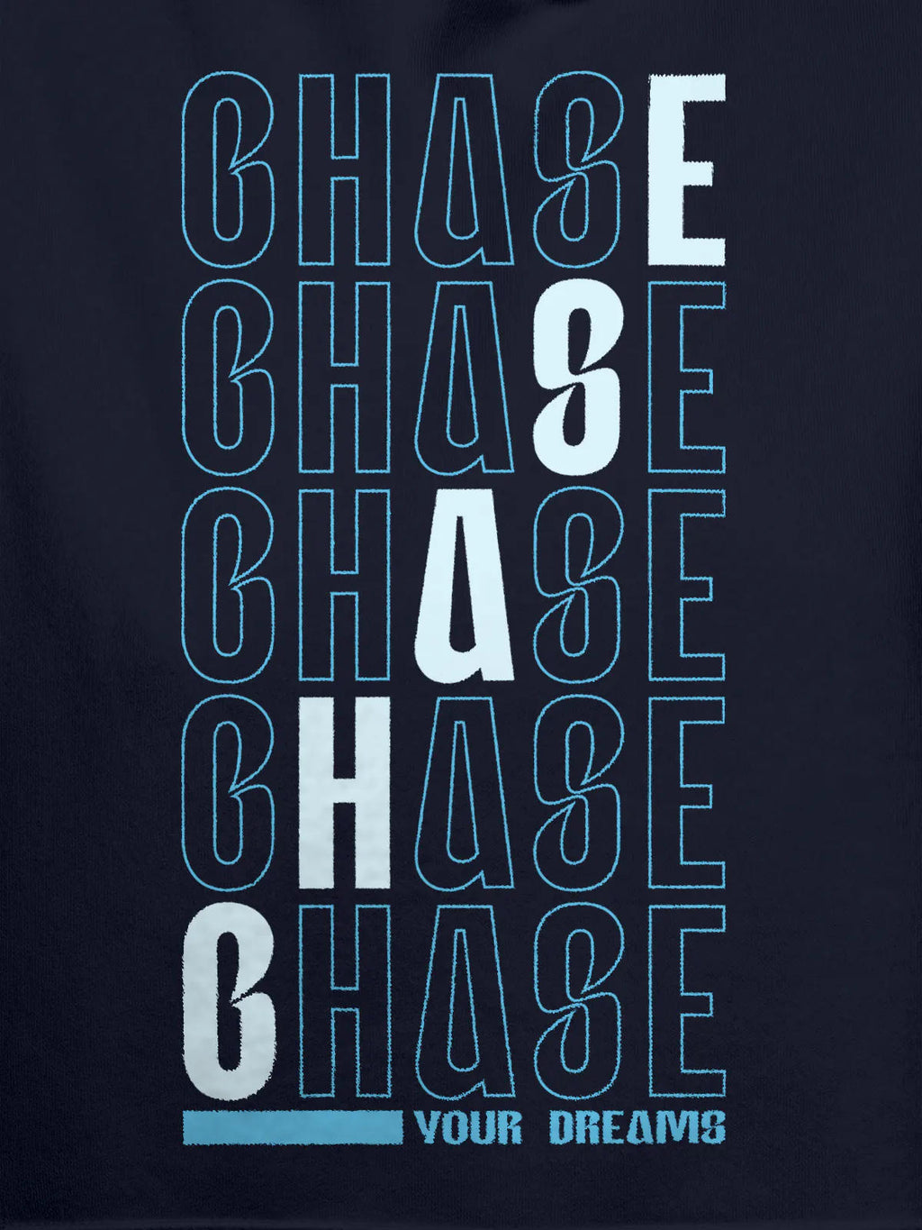 Close up of 'Chase Your Dreams' design on Women's Navy Blue Hoodie Sweatshirt, highlighting intricate details and vibrant print.