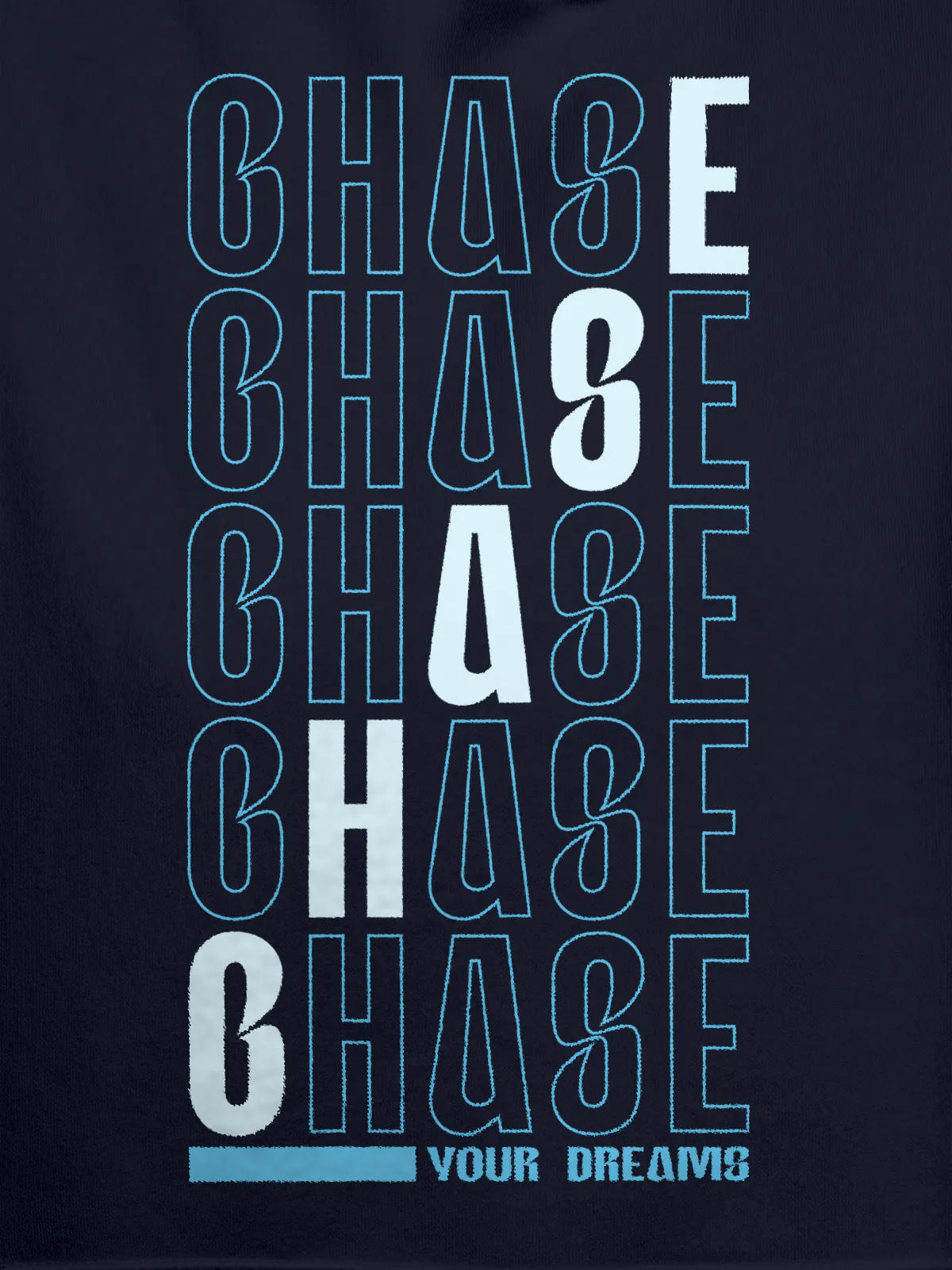 Close up of 'Chase Your Dreams' design on Women's Navy Blue Hoodie Sweatshirt, highlighting intricate details and vibrant print.