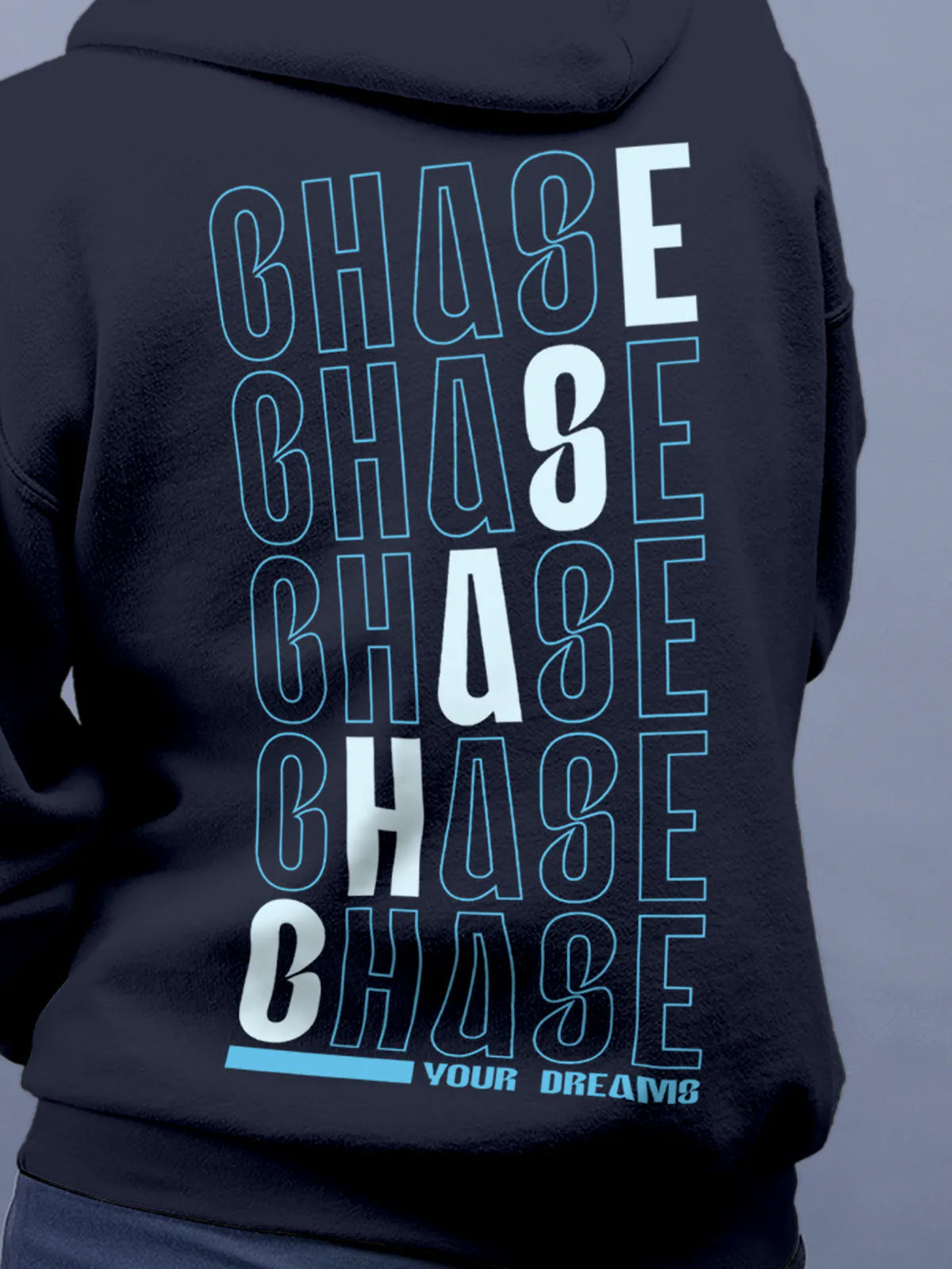 Close up of 'Chase Your Dreams' design on Women's Navy Blue Hoodie Sweatshirt, highlighting intricate details and vibrant print.