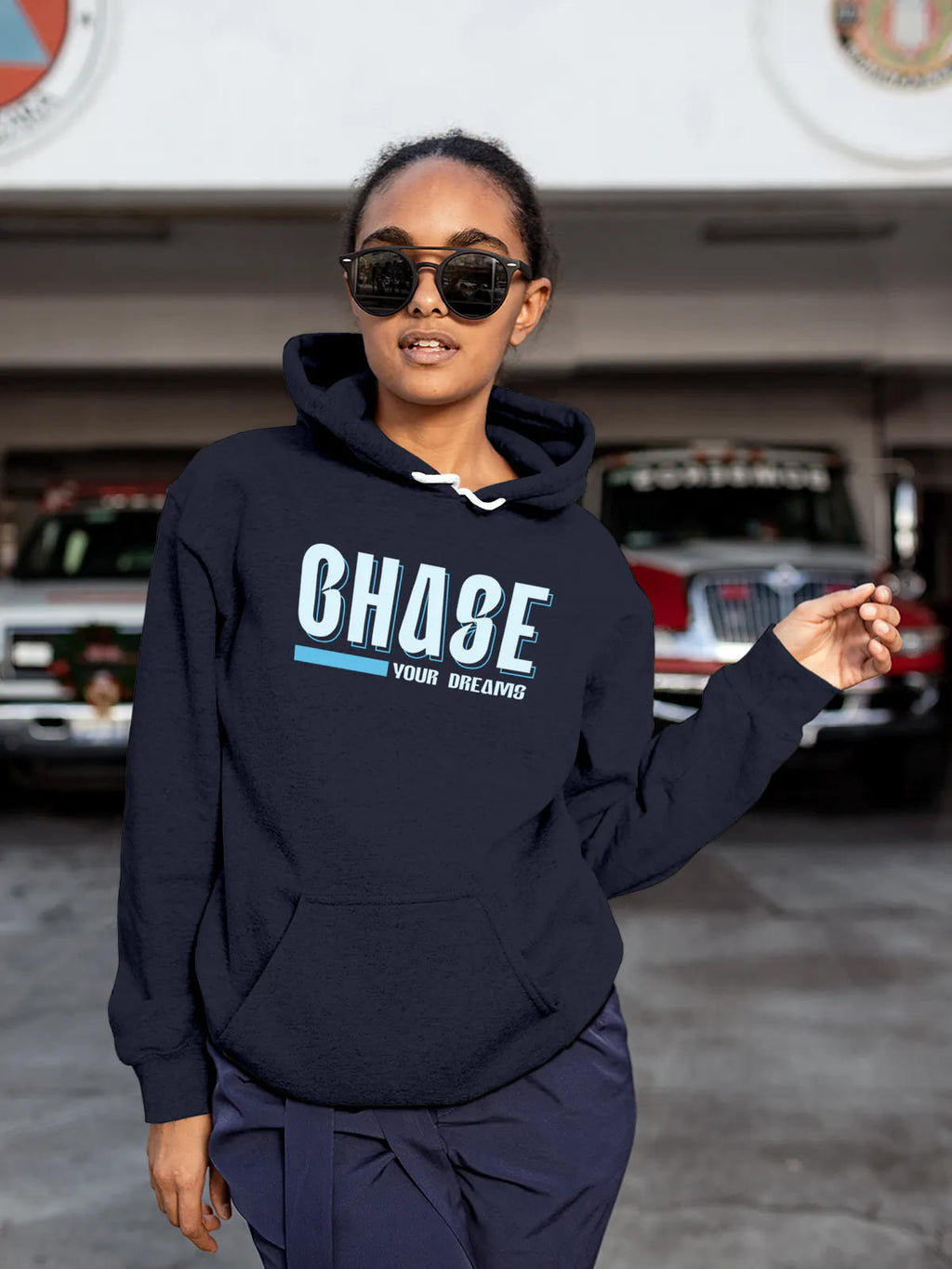 Front view of Fighterhero Women's Navy Blue Hoodie Sweatshirt, highlighting the modern look and clean finish