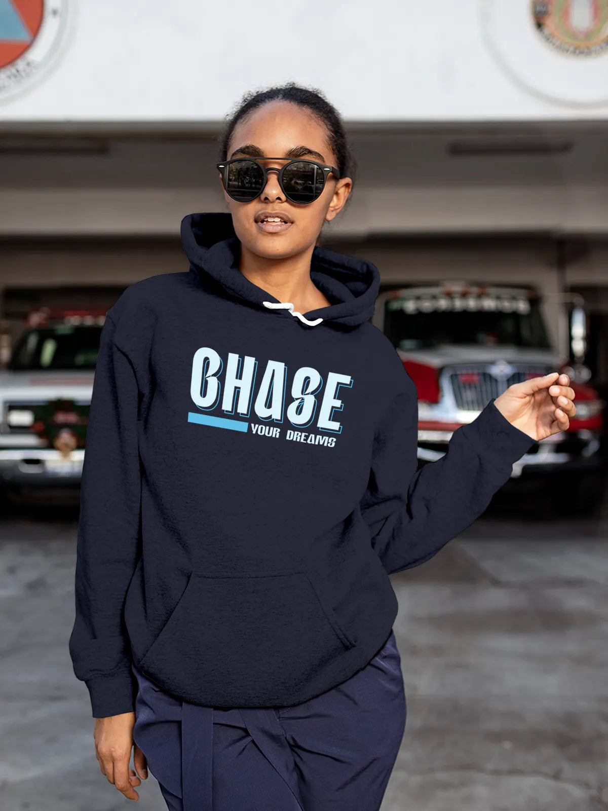 Front view of Fighterhero Women's Navy Blue Hoodie Sweatshirt, highlighting the modern look and clean finish