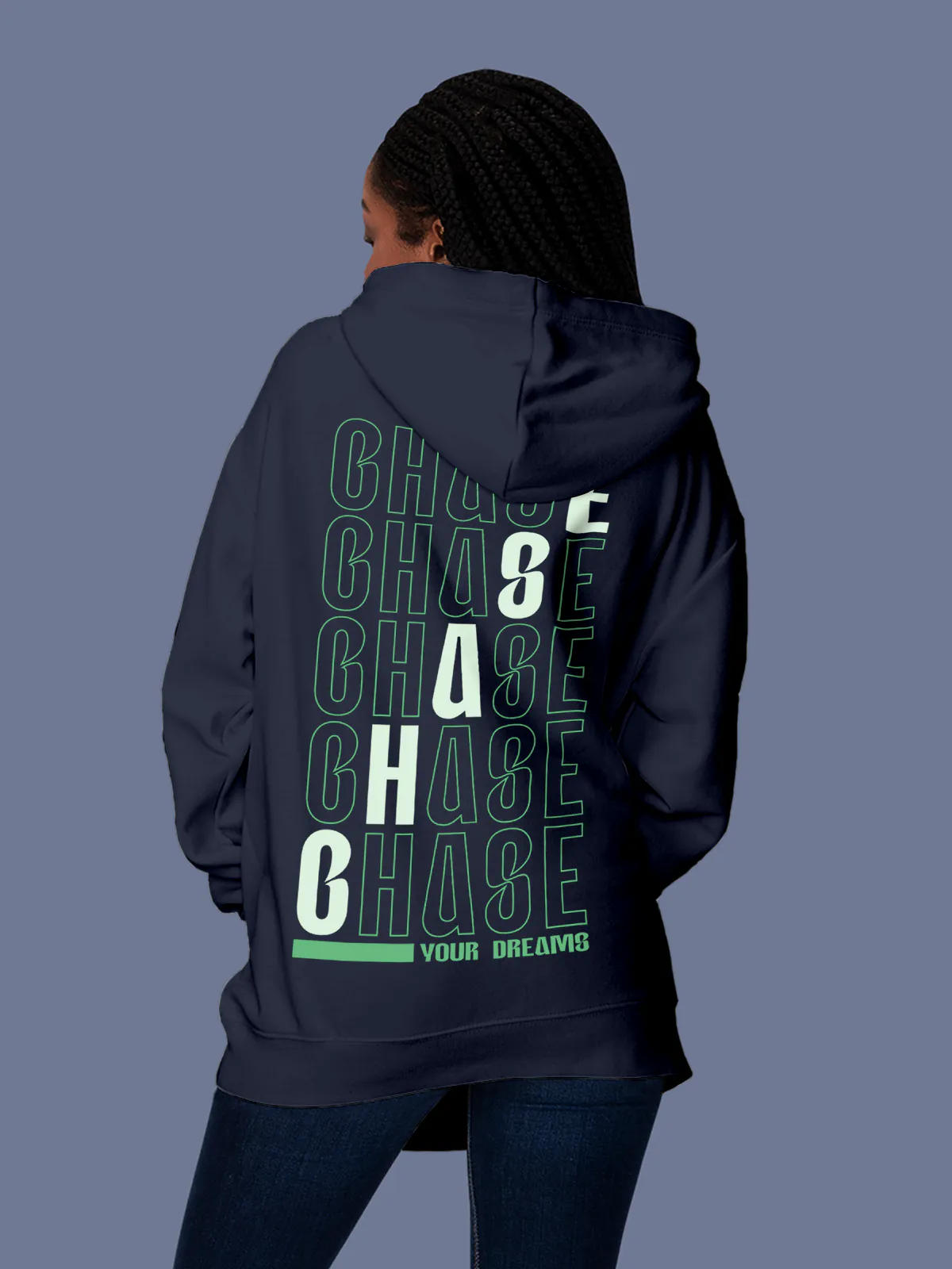 Model wearing Women's Navy Blue Hoodie Sweatshirt with 'Chase Your Dreams' design, offering effortless style and premium comfort
