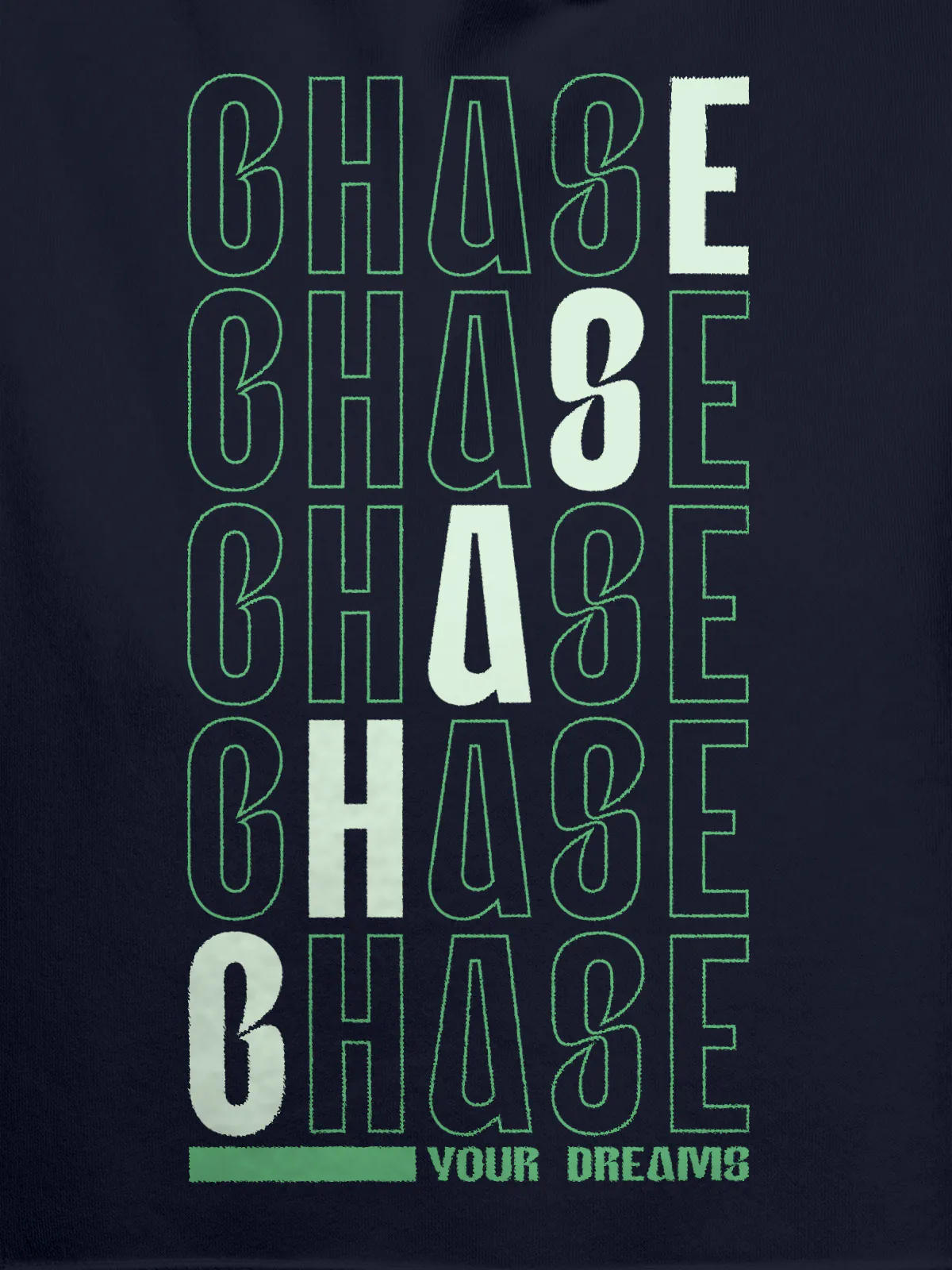Close up of 'Chase Your Dreams' design on Women's Navy Blue Hoodie Sweatshirt, highlighting intricate details and vibrant print.