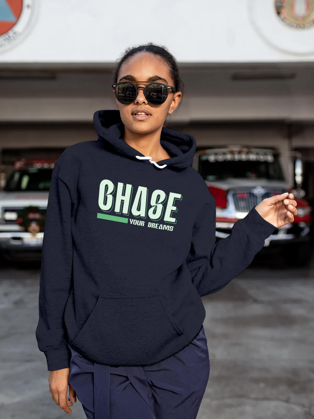 Front view of Fighterhero Women's Navy Blue Hoodie Sweatshirt, highlighting the modern look and clean finish