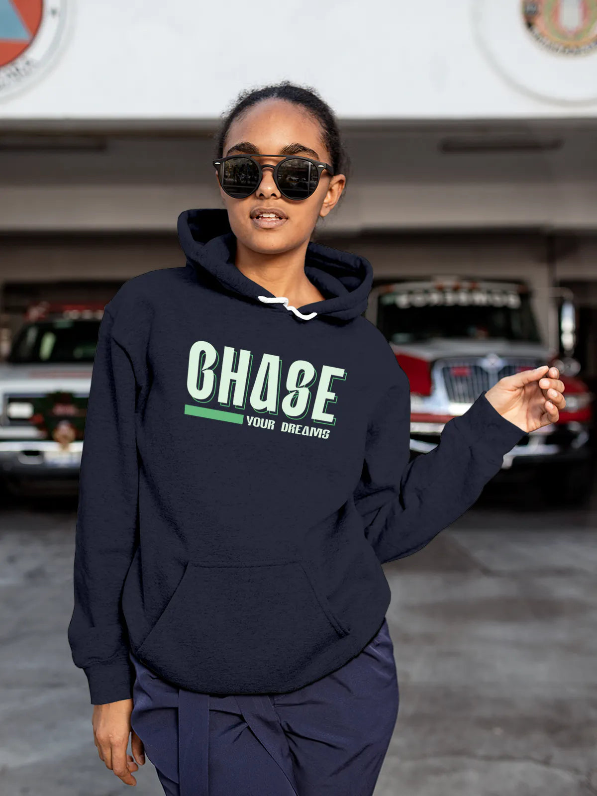 Front view of Fighterhero Women's Navy Blue Hoodie Sweatshirt, highlighting the modern look and clean finish