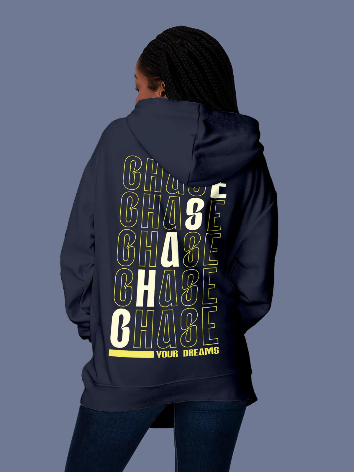 Model wearing Women's Navy Blue Hoodie Sweatshirt with 'Chase Your Dreams' design, offering effortless style and premium comfort