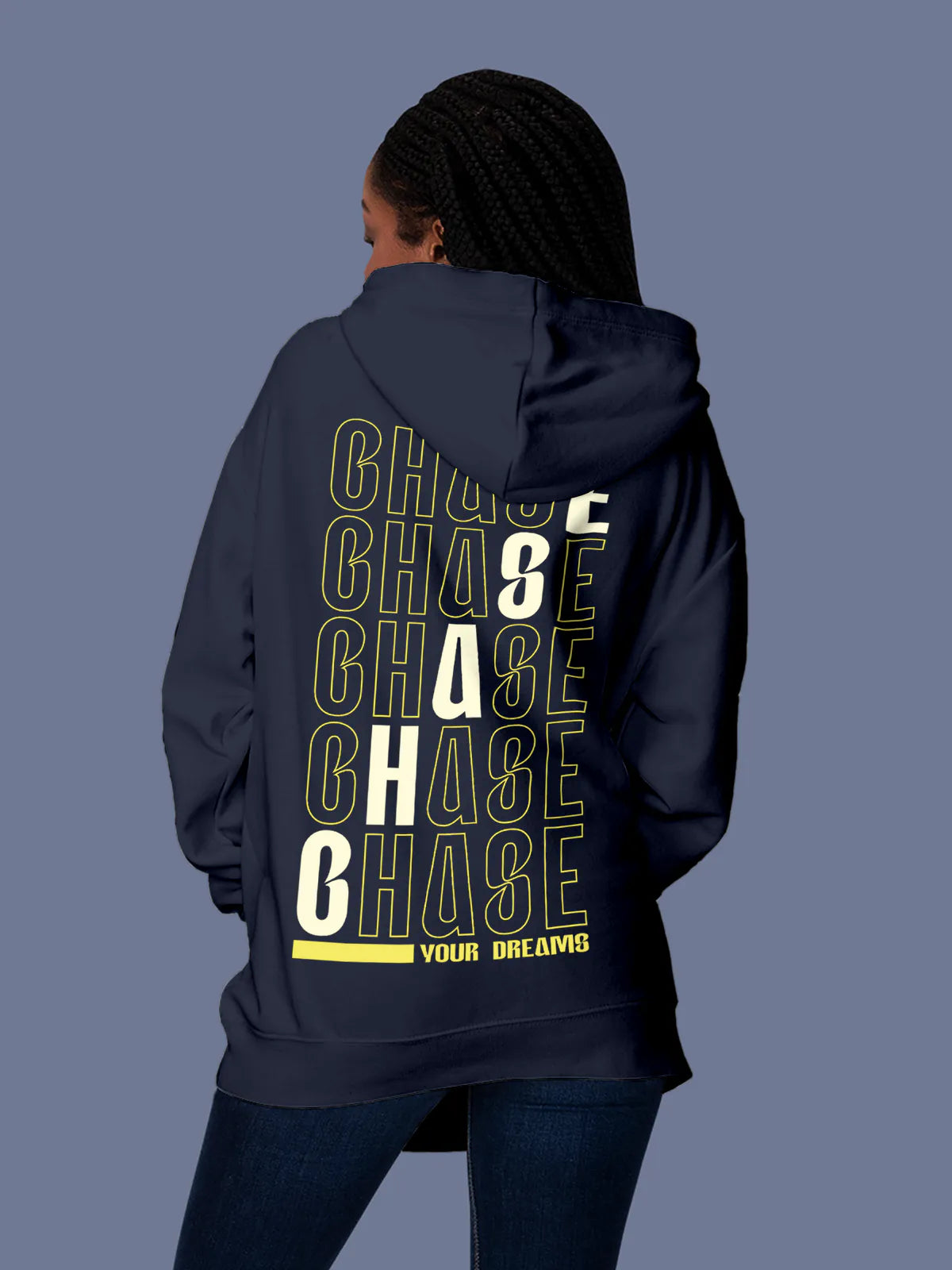 Model wearing Women's Navy Blue Hoodie Sweatshirt with 'Chase Your Dreams' design, offering effortless style and premium comfort