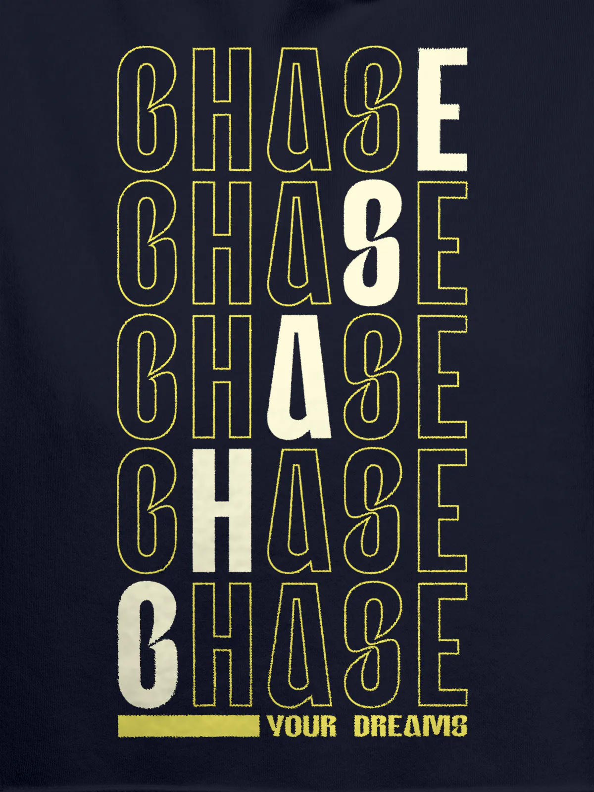 Close up of 'Chase Your Dreams' design on Women's Navy Blue Hoodie Sweatshirt, highlighting intricate details and vibrant print.