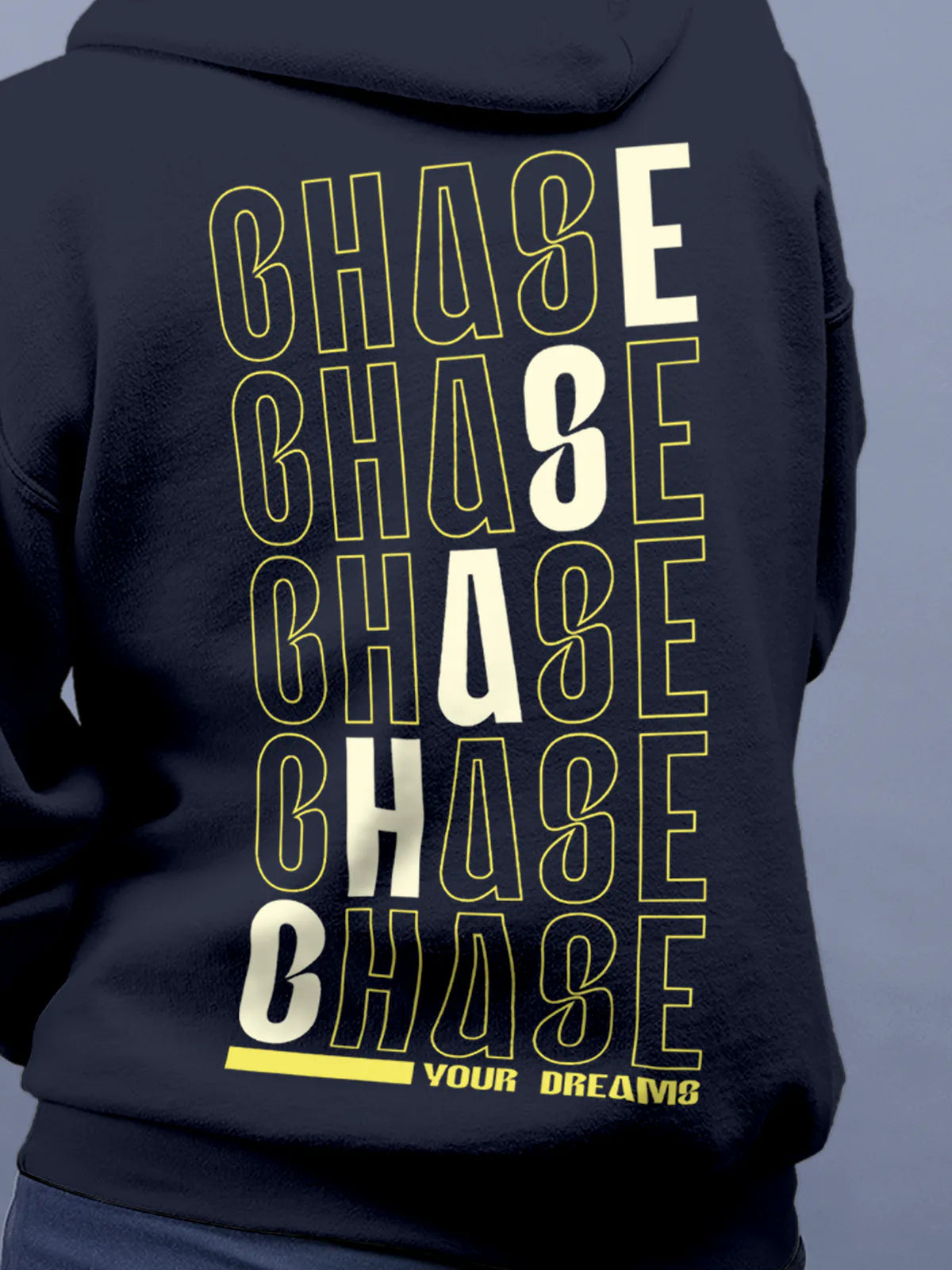 Close up of 'Chase Your Dreams' design on Women's Navy Blue Hoodie Sweatshirt, highlighting intricate details and vibrant print.