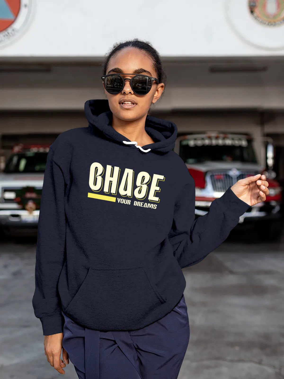 Front view of Fighterhero Women's Navy Blue Hoodie Sweatshirt, highlighting the modern look and clean finish