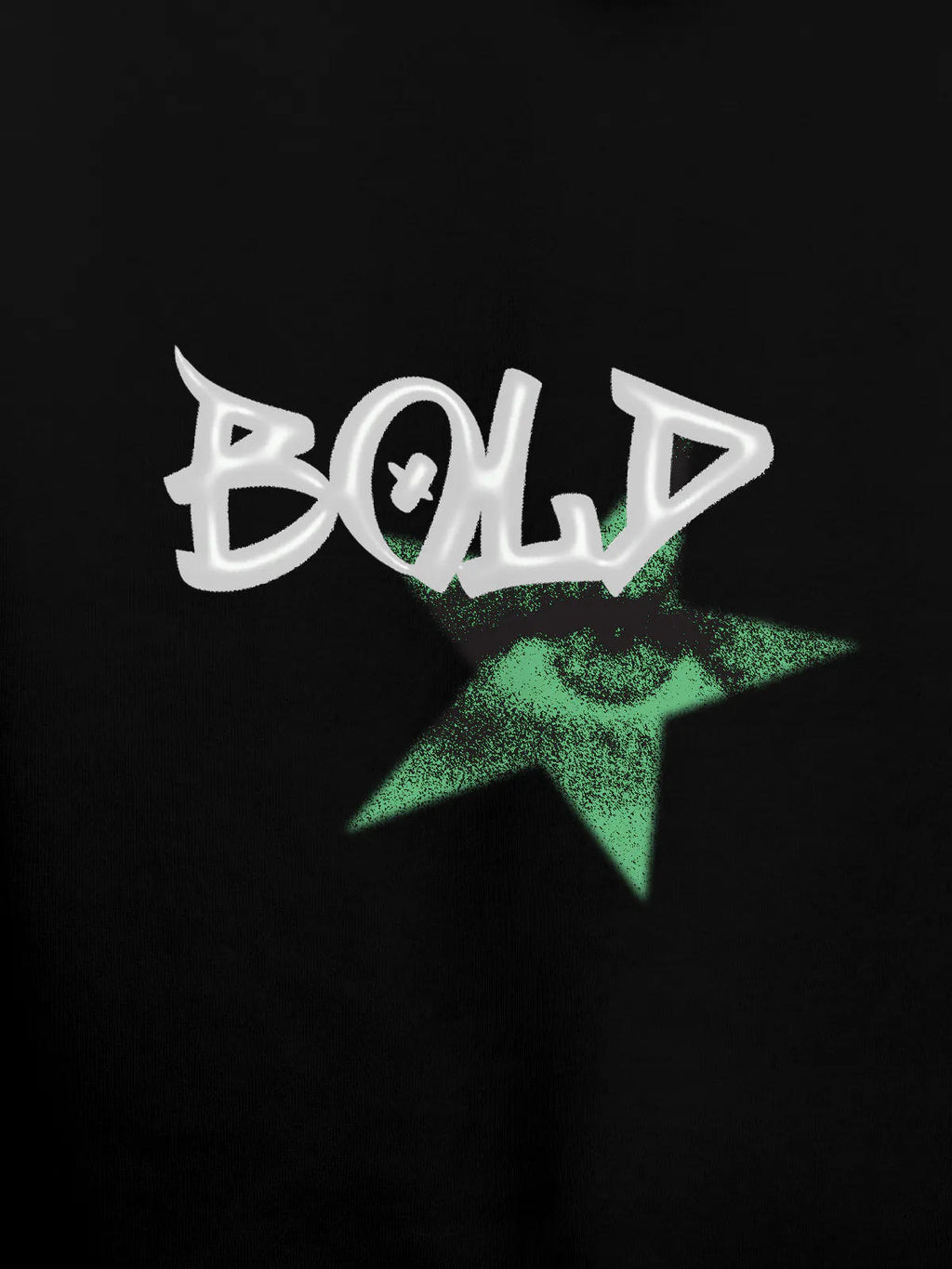 Close up of 'Bold' design on Men's Black Hoodie Sweatshirt, highlighting intricate details and vibrant print.
