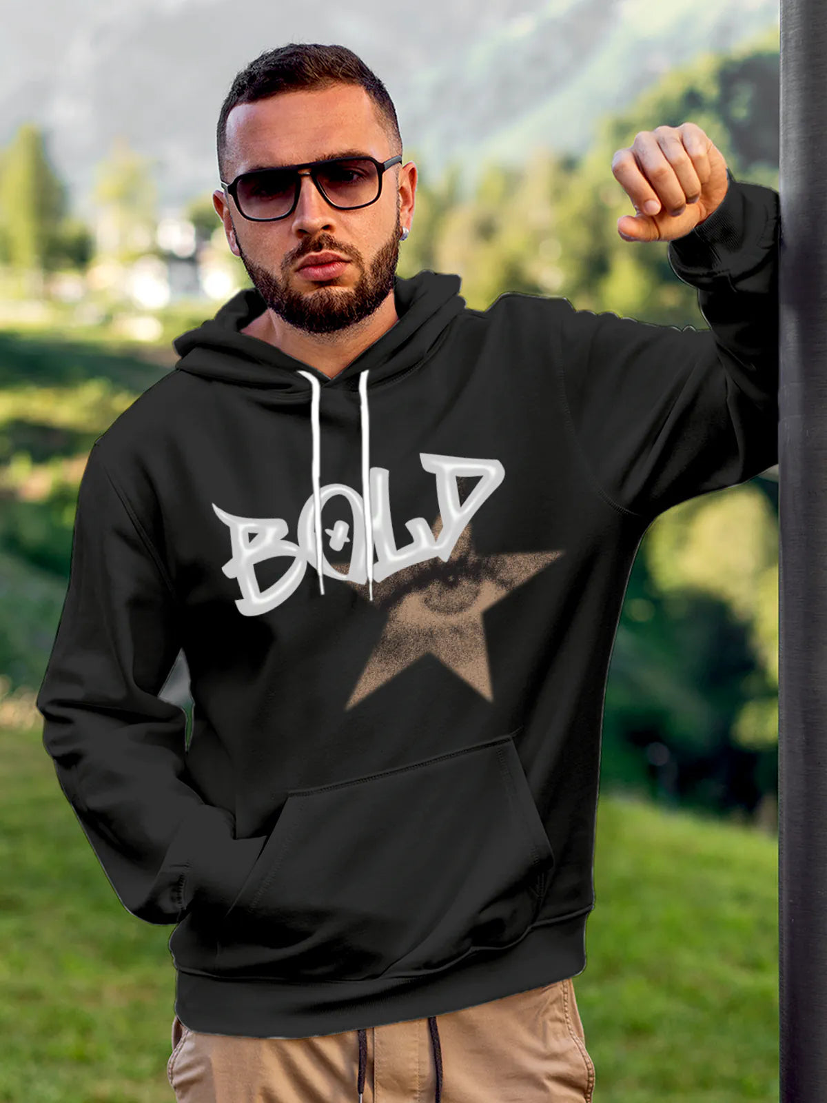 Model wearing Men's Dark Grey Hoodie Sweatshirt with 'Bold' design, offering effortless style and premium comfort
