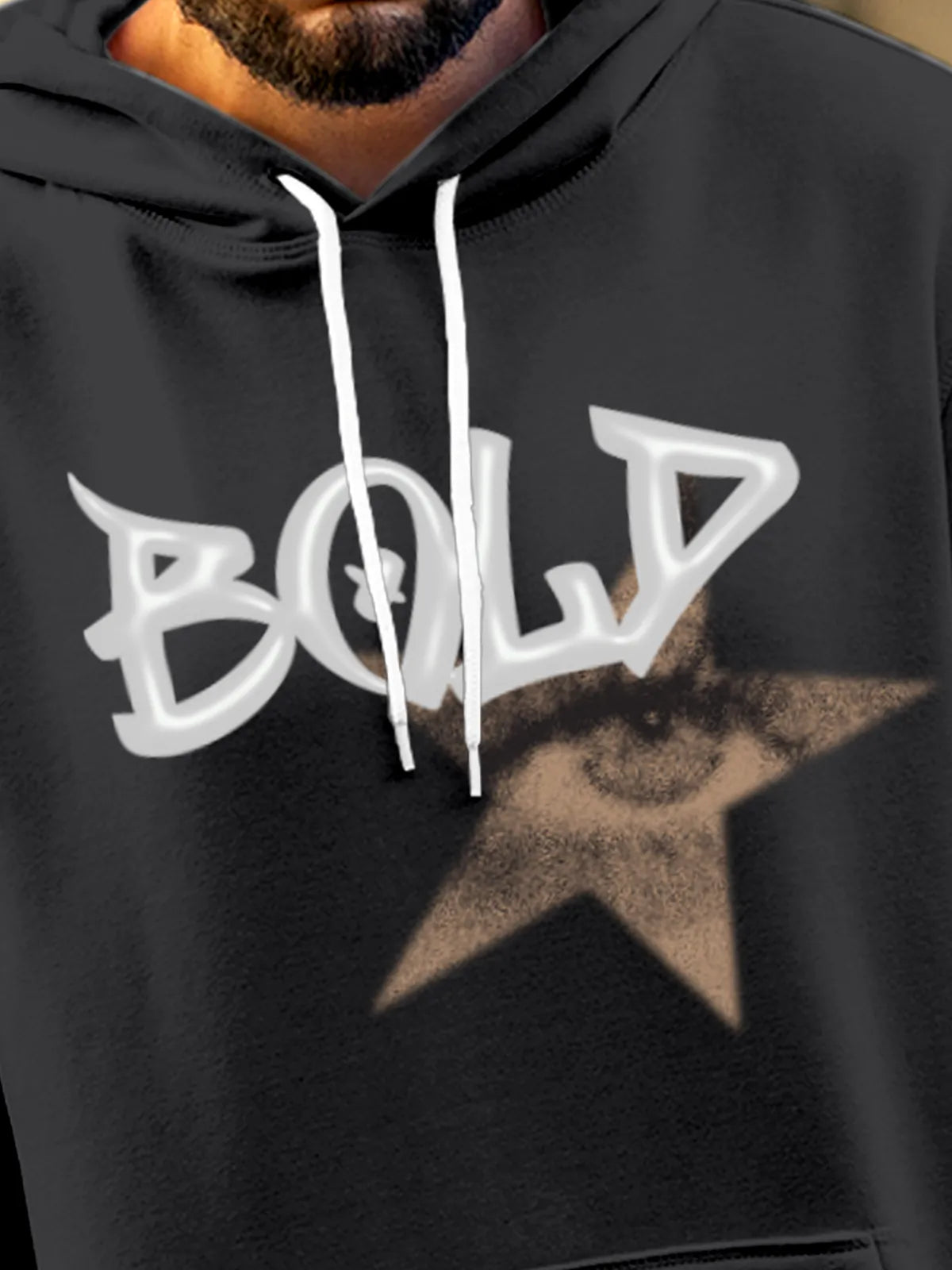 Close up of 'Bold' design on Men's Dark Grey Hoodie Sweatshirt, highlighting intricate details and vibrant print.