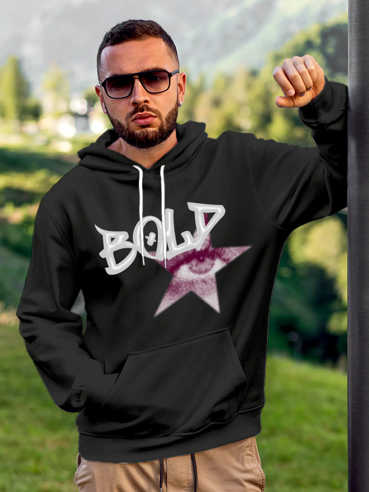 Model wearing Men's Dark Grey Hoodie Sweatshirt with 'Bold' design, offering effortless style and premium comfort