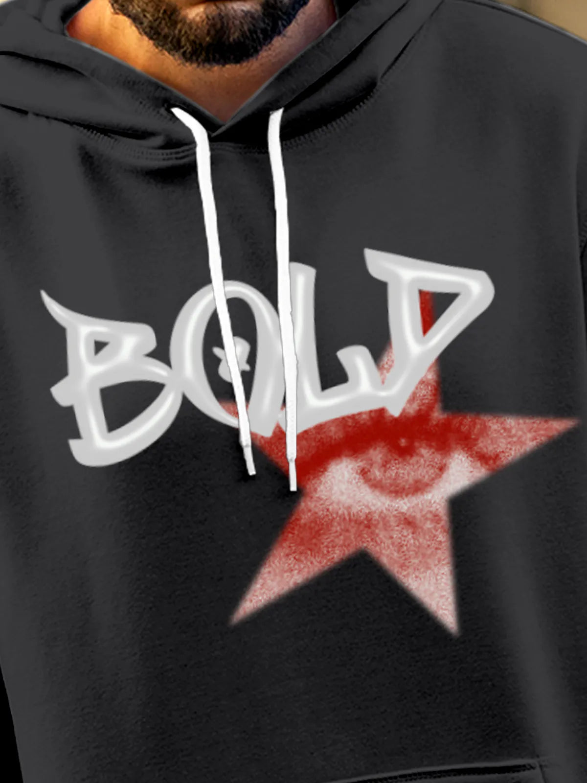 Close up of 'Bold' design on Men's Dark Grey Hoodie Sweatshirt, highlighting intricate details and vibrant print.