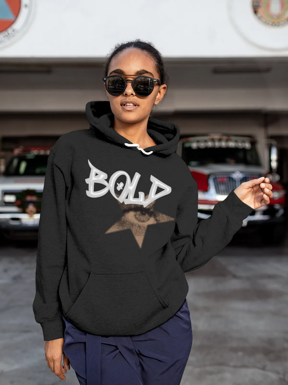 Model wearing Women's Dark Grey Hoodie Sweatshirt with 'Bold' design, offering effortless style and premium comfort