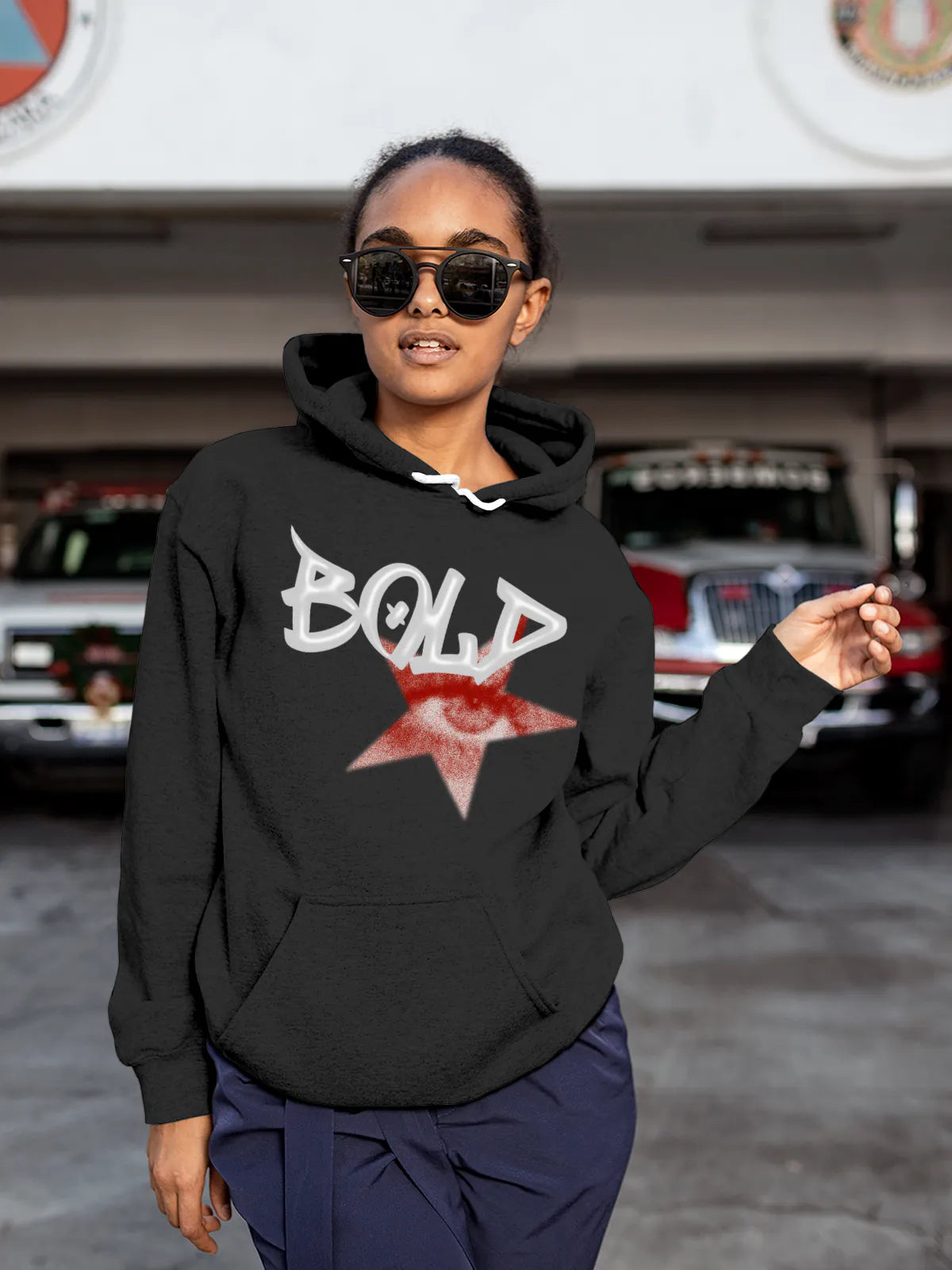 Fighterhero Hoodies: Model wearing Women's Dark Grey Hoodie Sweatshirt with 'Bold' design