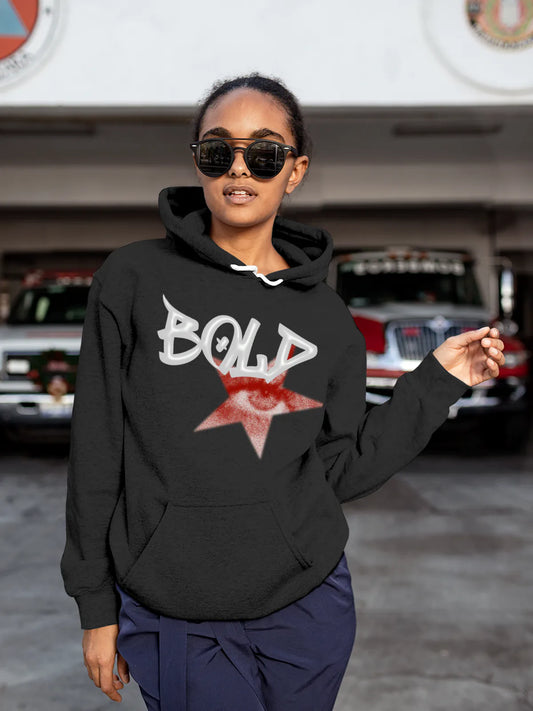 Fighterhero Hoodies: Model wearing Women's Dark Grey Hoodie Sweatshirt with 'Bold' design