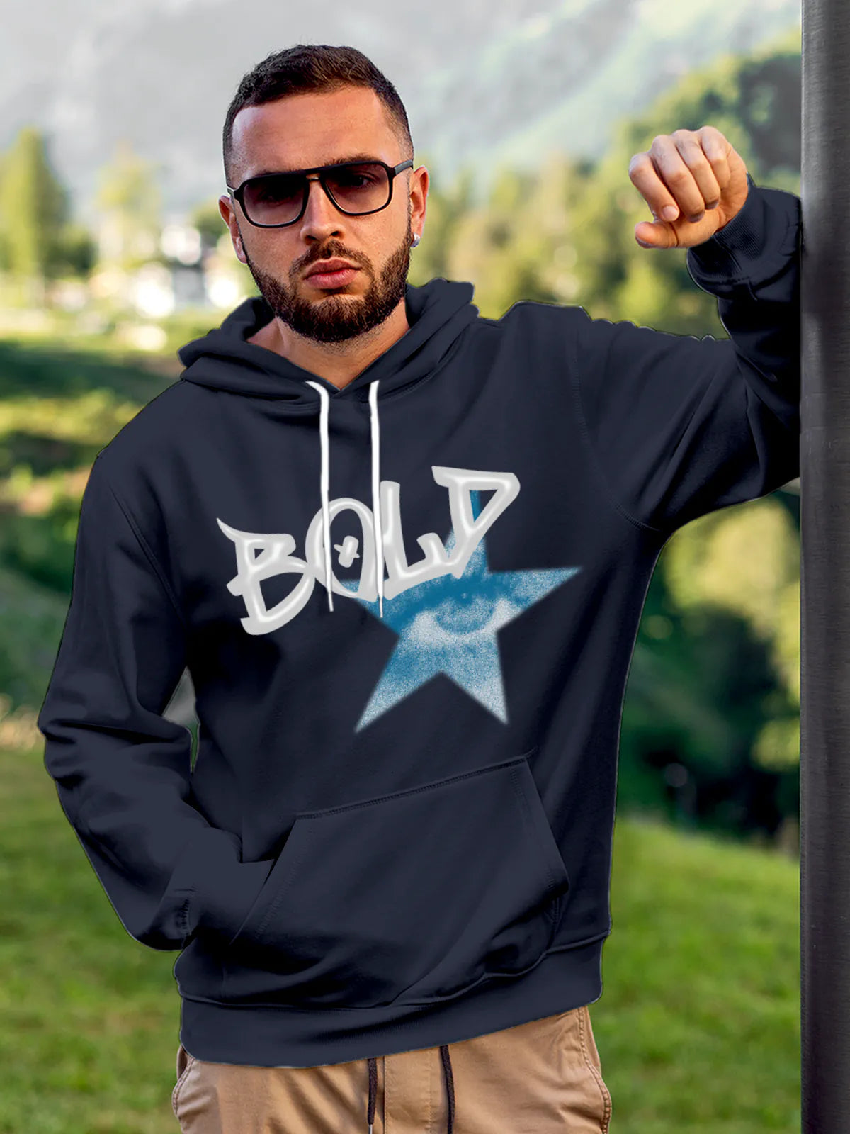 Model wearing Men's Navy Blue Hoodie Sweatshirt with 'Bold' design, offering effortless style and premium comfort