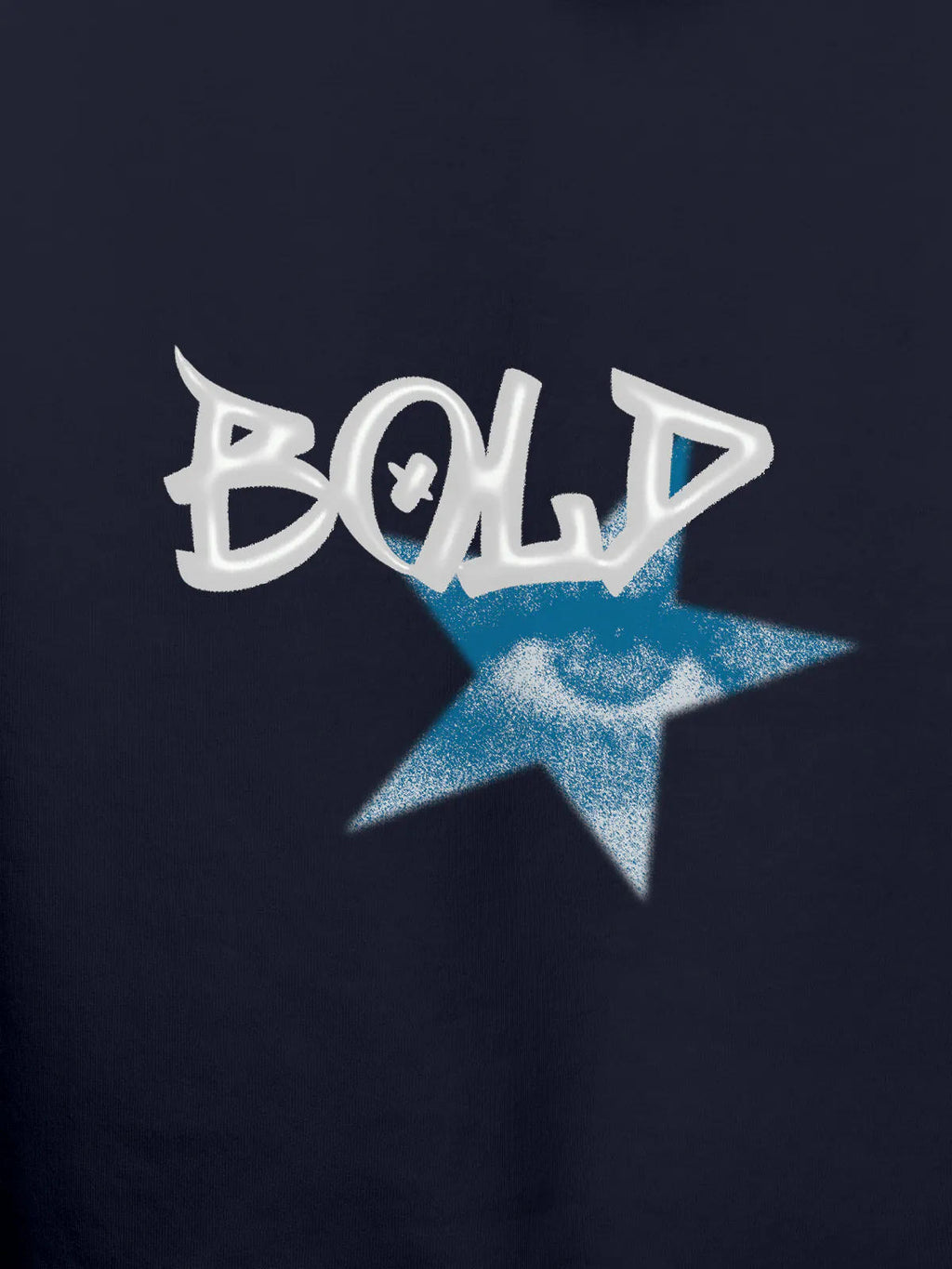 Close up of 'Bold' design on Men's Navy Blue Hoodie Sweatshirt, highlighting intricate details and vibrant print.