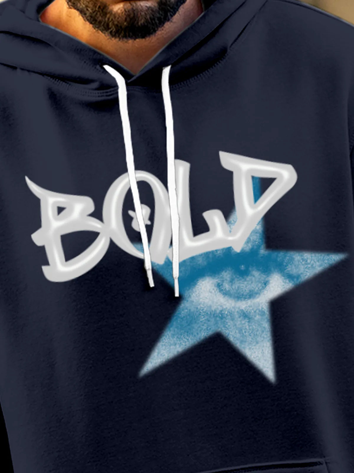 Close up of 'Bold' design on Men's Navy Blue Hoodie Sweatshirt, highlighting intricate details and vibrant print.