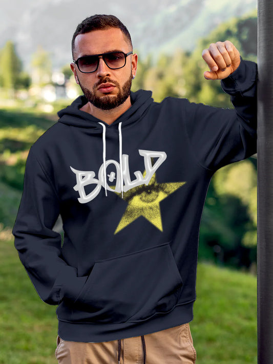 Fighterhero Hoodies: Model wearing Men's Navy Blue Hoodie Sweatshirt with 'Bold' design