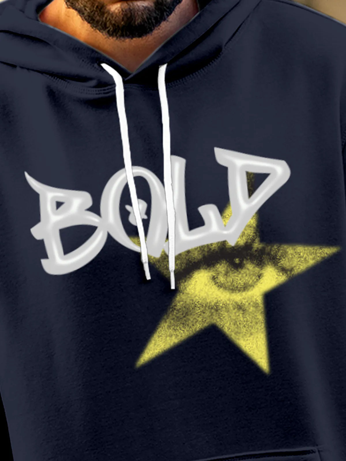 Close up of 'Bold' design on Men's Navy Blue Hoodie Sweatshirt, highlighting intricate details and vibrant print.