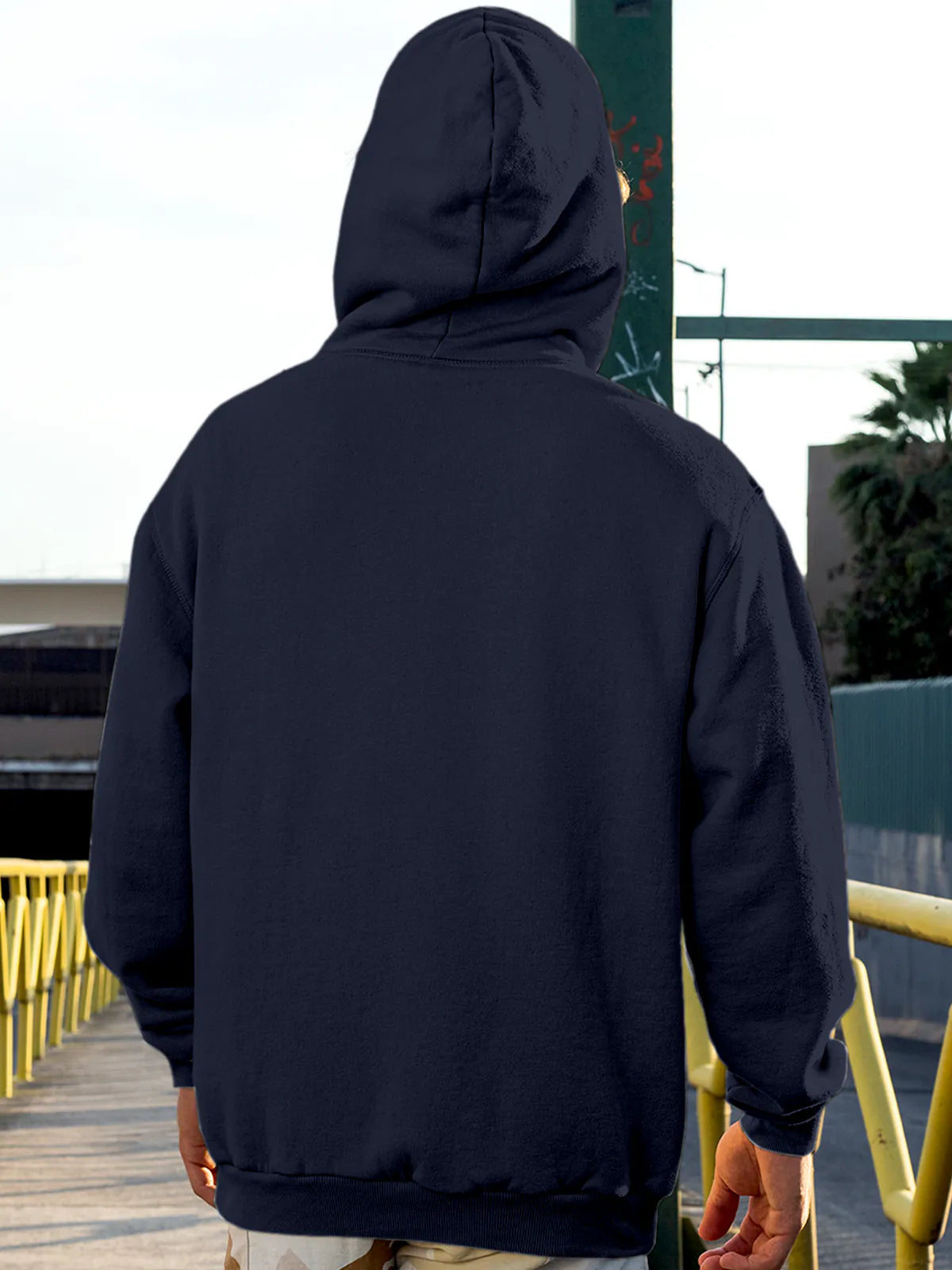 Back view of Fighterhero Men's Navy Blue Hoodie Sweatshirt, highlighting the modern look and clean finish