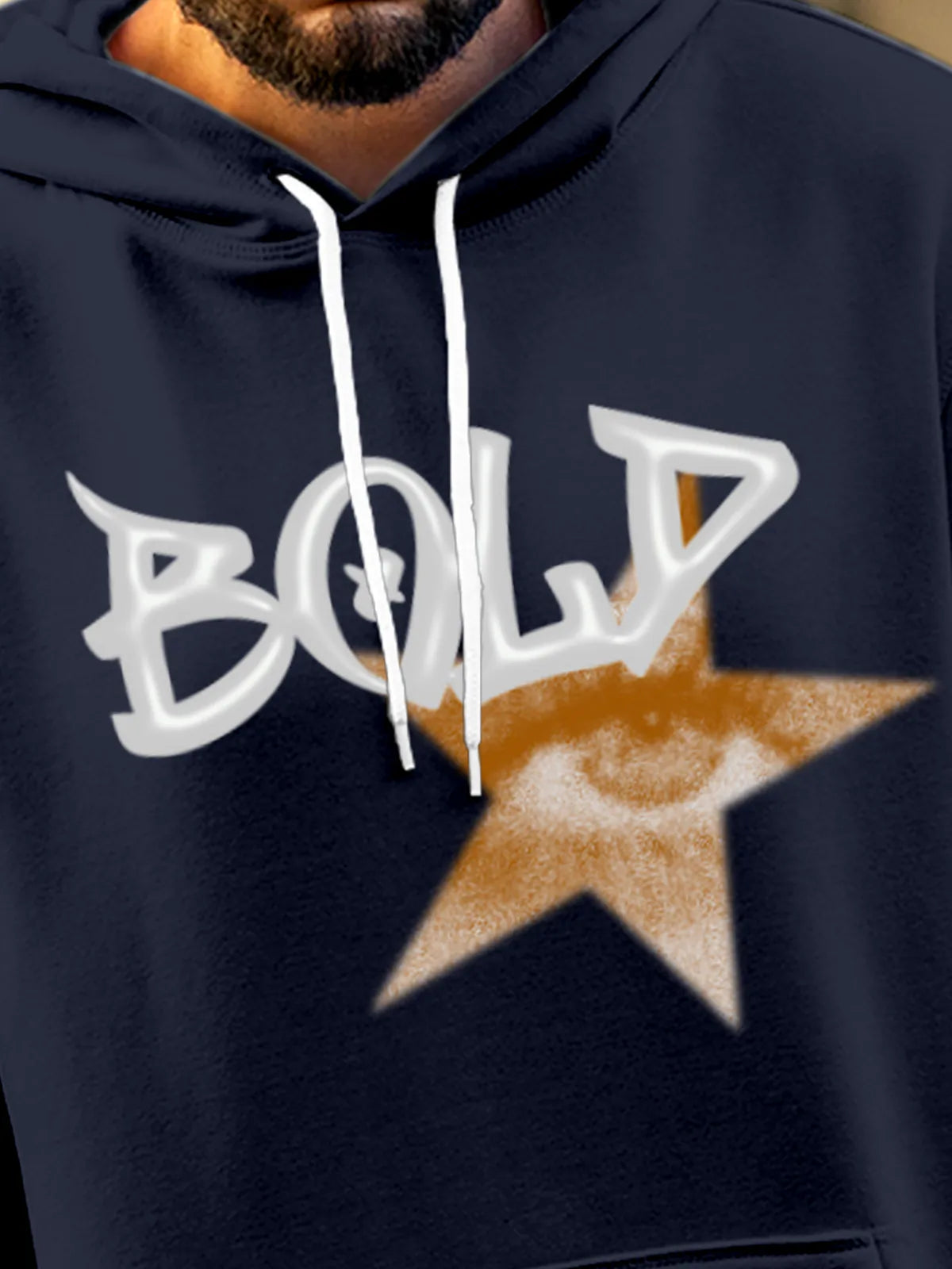 Close up of 'Bold' design on Men's Navy Blue Hoodie Sweatshirt, highlighting intricate details and vibrant print.