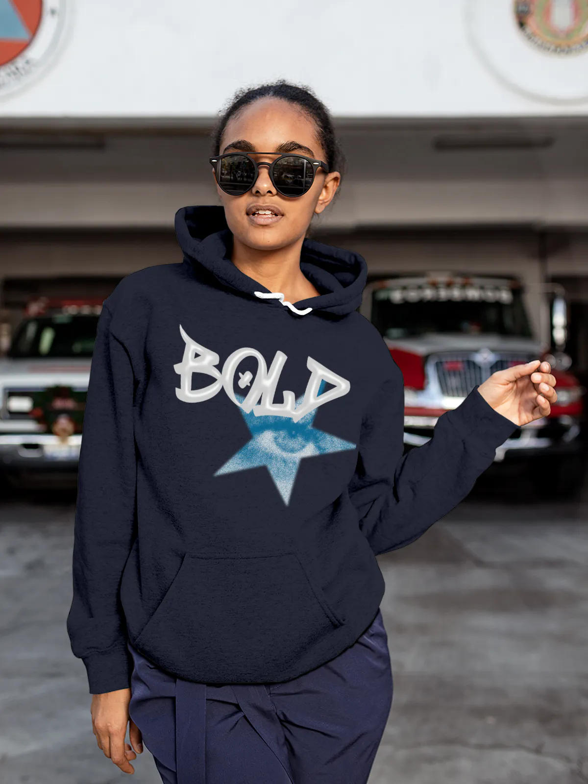 Model wearing Women's Navy Blue Hoodie Sweatshirt with 'Bold' design, offering effortless style and premium comfort