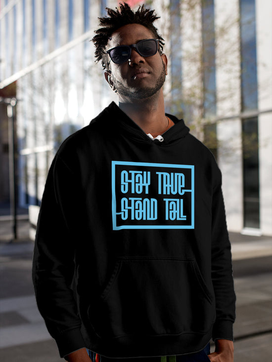 Fighterhero Hoodies: Model wearing Men's Black Hoodie Sweatshirt with 'Stay True Stand Tall' design