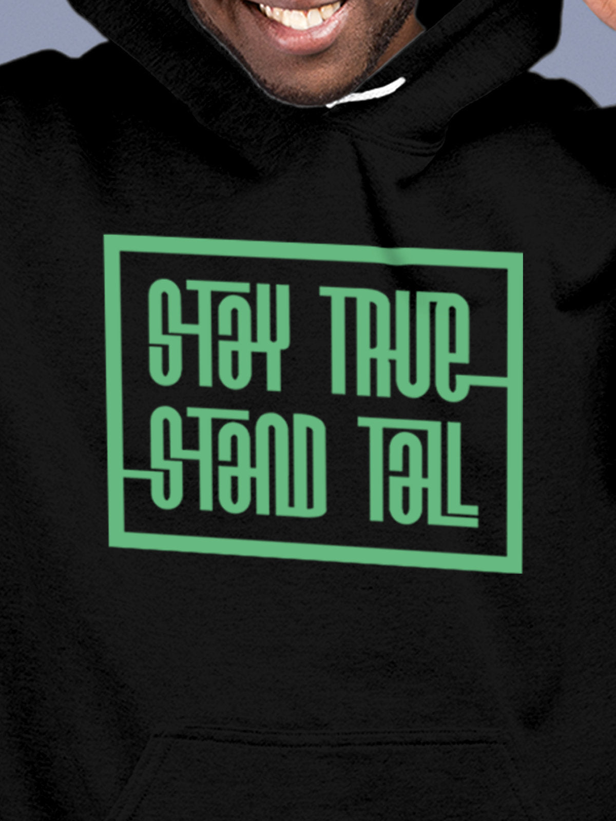 Close up of 'Stay True Stand Tall' design on Men's Black Hoodie Sweatshirt, highlighting intricate details and vibrant print.