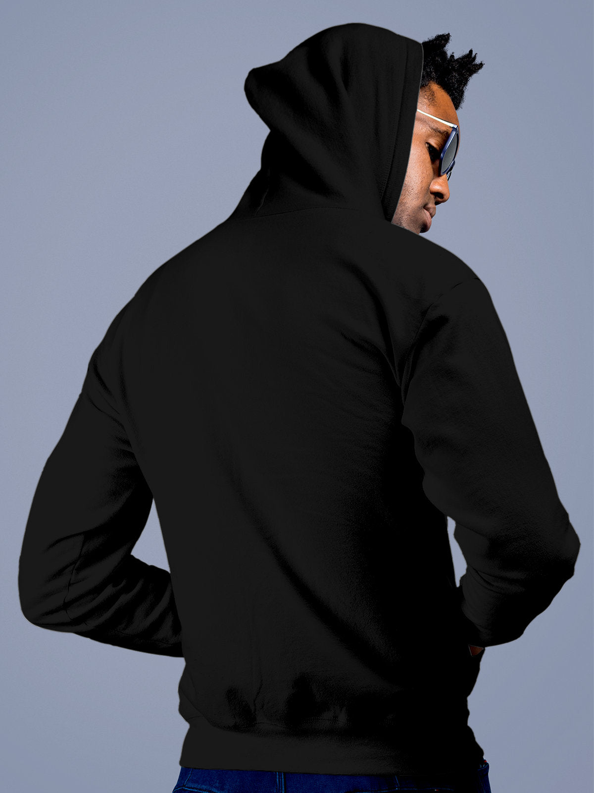 Back view of Fighterhero Men's Black Hoodie Sweatshirt, highlighting the modern look and clean finish