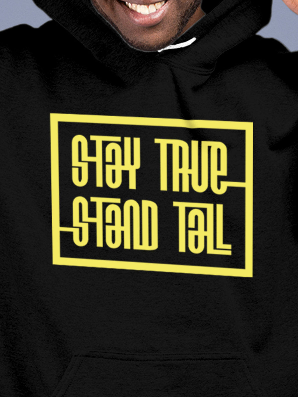 Close up of 'Stay True Stand Tall' design on Men's Black Hoodie Sweatshirt, highlighting intricate details and vibrant print.
