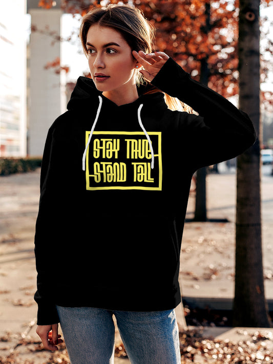 Fighterhero Hoodies: Model wearing Women's Black Hoodie Sweatshirt with 'Stay True Stand Tall' design