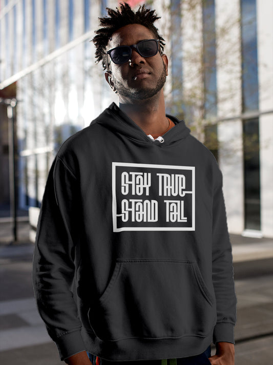 Fighterhero Hoodies: Model wearing Men's Dark Grey Hoodie Sweatshirt with 'Stay True Stand Tall' design