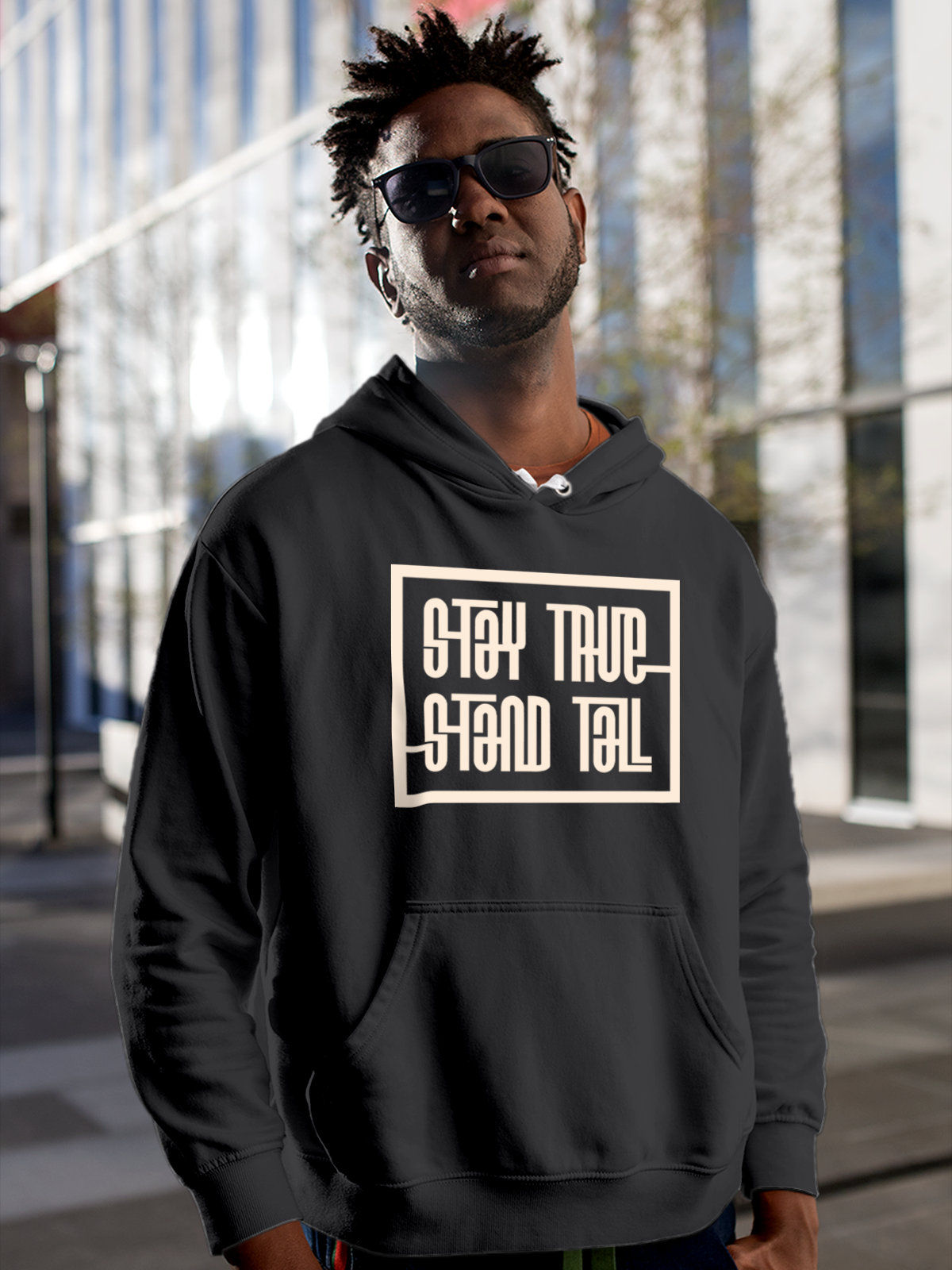 Model wearing Men's Dark Grey Hoodie Sweatshirt with 'Stay True Stand Tall' design, offering effortless style and premium comfort