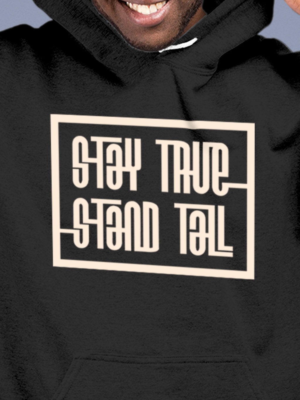 Close up of 'Stay True Stand Tall' design on Men's Dark Grey Hoodie Sweatshirt, highlighting intricate details and vibrant print.
