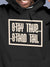Close up of 'Stay True Stand Tall' design on Men's Dark Grey Hoodie Sweatshirt, highlighting intricate details and vibrant print.