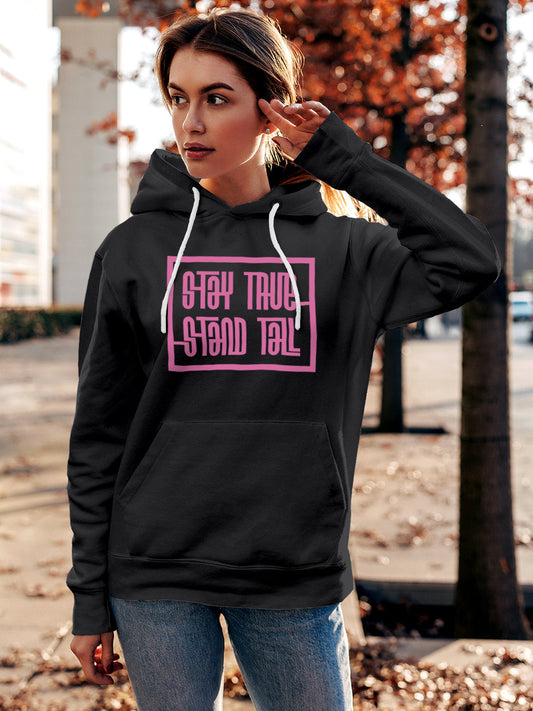 Fighterhero Hoodies: Model wearing Women's Dark Grey Hoodie Sweatshirt with 'Stay True Stand Tall' design