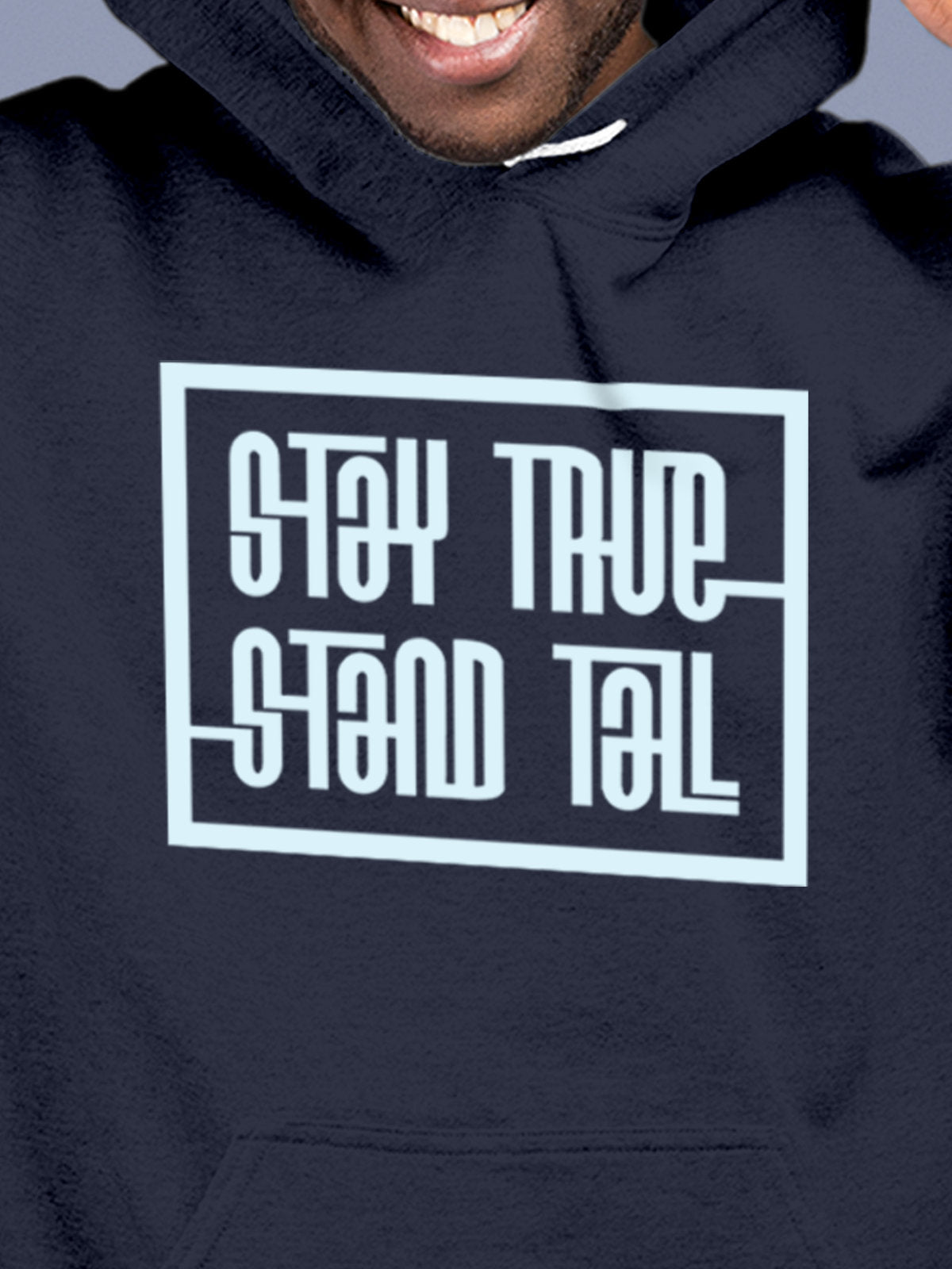 Close up of 'Stay True Stand Tall' design on Men's Navy Blue Hoodie Sweatshirt, highlighting intricate details and vibrant print.
