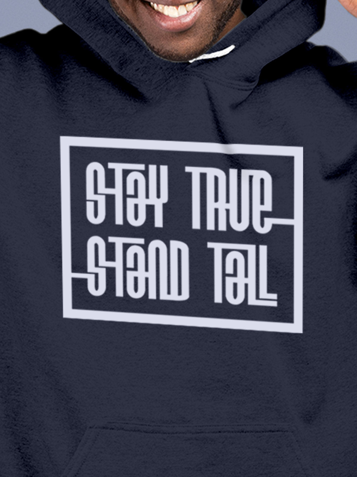 Close up of 'Stay True Stand Tall' design on Men's Navy Blue Hoodie Sweatshirt, highlighting intricate details and vibrant print.